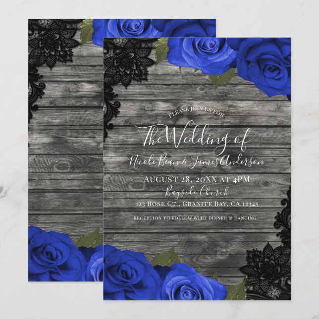 Invitation Bleus Roses Bois Rustique Mariage Dentelle Noire (Devant / Derrière)