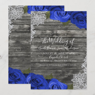 Invitation Bleus Roses Rustique Bois Blanc Mariage de Dentell