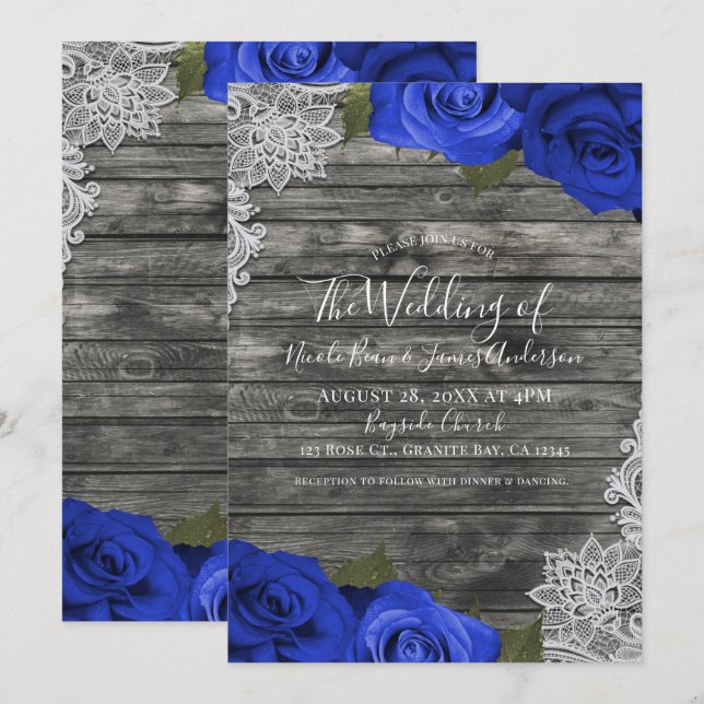 Invitation Bleus Roses Rustique Bois Blanc Mariage de Dentell (Devant / Derrière)