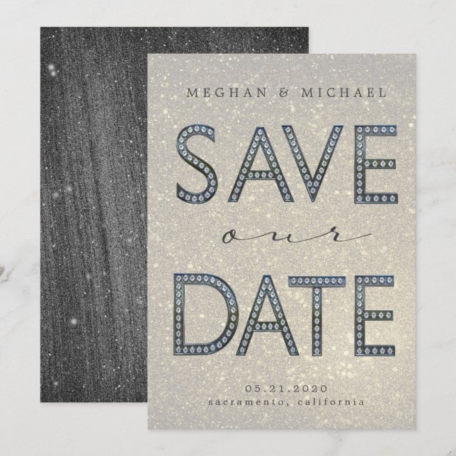 Invitation bling argent lettres fabuleux Enregistrer la date (Devant / Derrière)