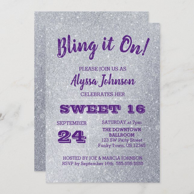 Invitation Bling it On Silver Sparkles Purple Sweet 16 (Devant / Derrière)