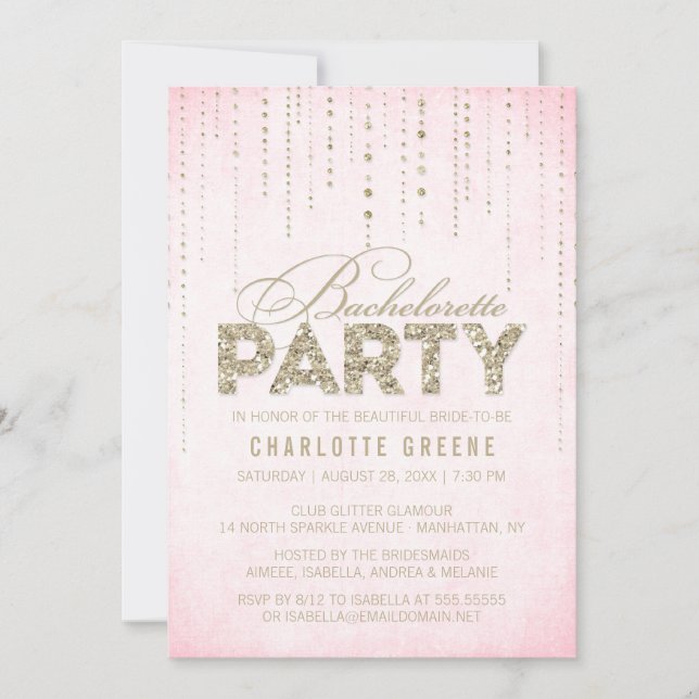 Invitation Bling Parties scintillant rose et or Bachelorette (Devant)