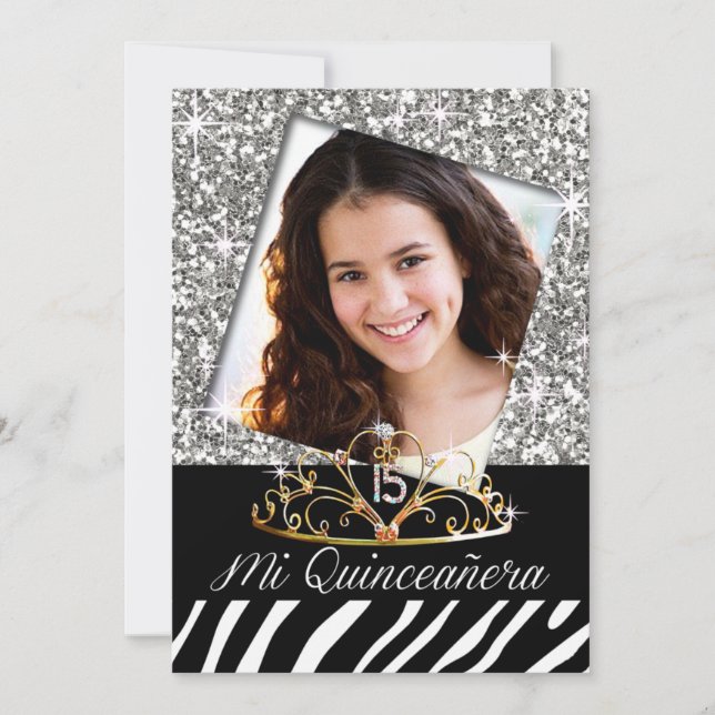 Invitation Bling Tiara Zebra Quinceañera 15e anniversaire arg (Devant)