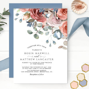 Invitation Blissant Floral Dusty Bleu et Blush Mariage
