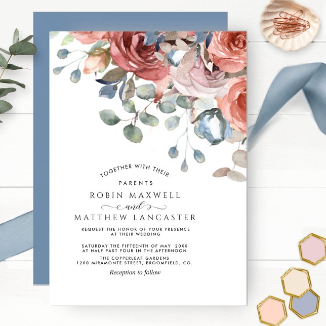 Invitation Blissant Floral Dusty Bleu et Blush Mariage (Créateur téléchargé)