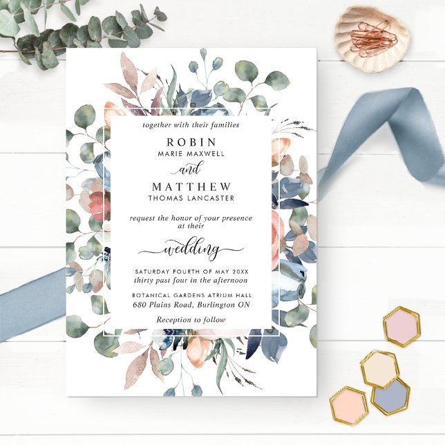 Invitation Blissant Floral Dusty Bleu et Mariage de verdure (Créateur téléchargé)