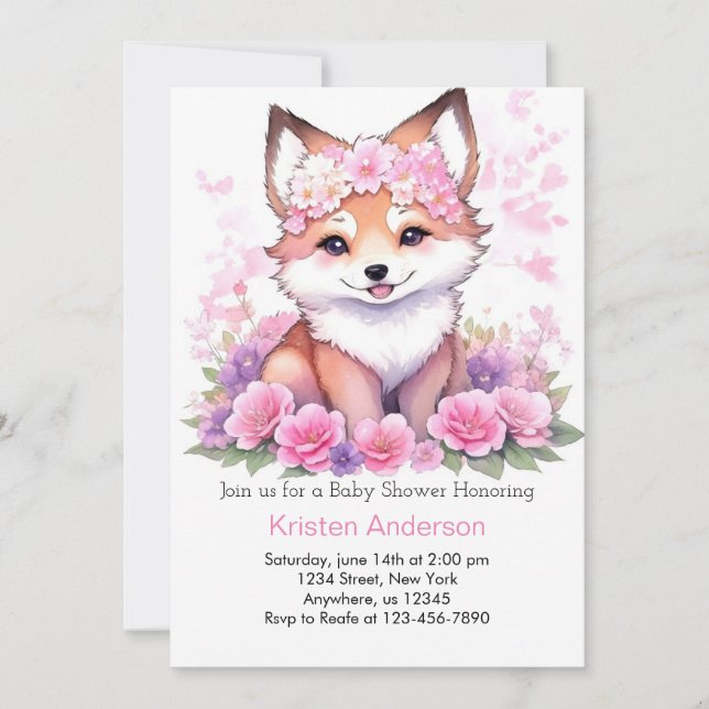 Invitation Blissful Boho Forest Fox Meadow Girl Baby shower (Devant)