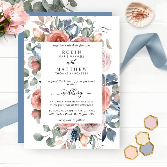 Invitation Blissful Floral, Dusty Blue Elegant Garden Mariage (Créateur téléchargé)
