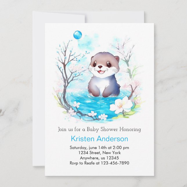 Invitation Blissful Otter's Watercolor Dreams Boy Baby shower (Devant)