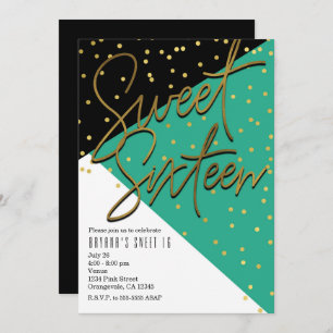 Invitation Bloc de couleur Turquoise Black Gold Sweet 16 Invi