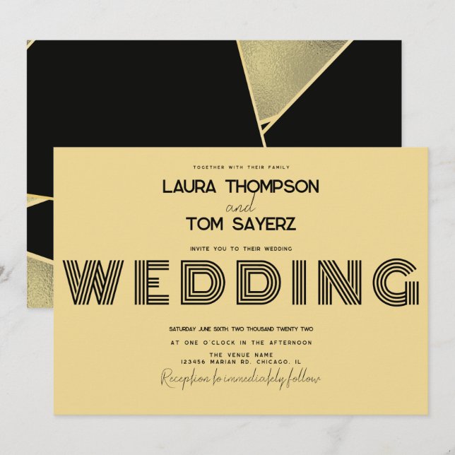 Invitation Bloc de mariage rétro simple jaune et noir (Devant / Derrière)
