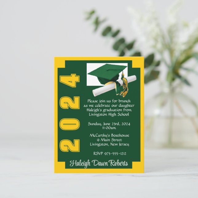 Invitation Blocage de coin Graduation verte et or (Debout devant)