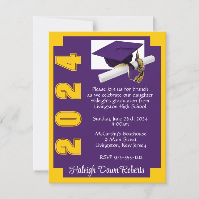 Invitation Blocage de coin Purple & Gold Graduation (Devant)