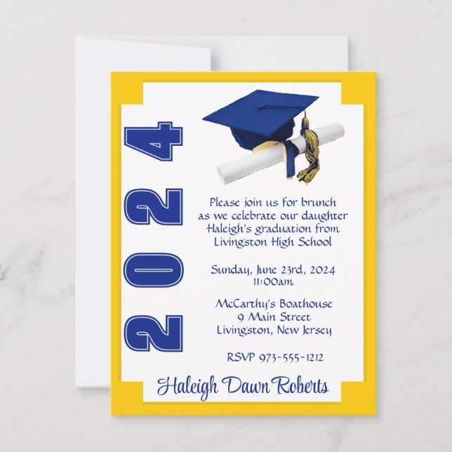 Invitation Blocage de coin Royal Bleu/Blanc/Or Graduation (Devant)