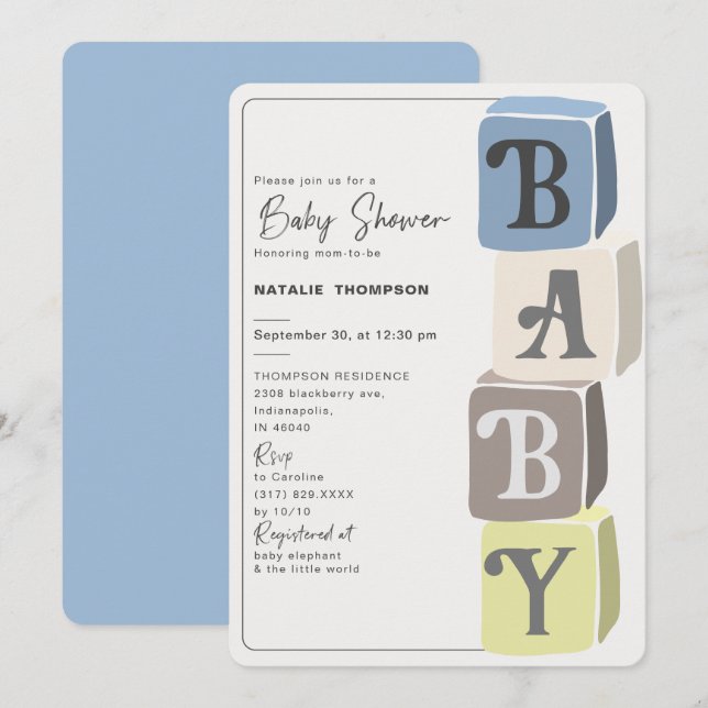Invitation Blocs Baby shower garçon bleu (Devant / Derrière)