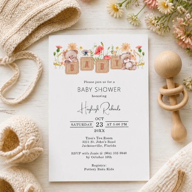 Invitation Blocs bébé, ours et fleurs sauvages Shower (Créateur téléchargé)