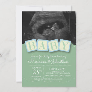 Invitation Blocs de baby shower Boy Plaid Ultrasound Photo In