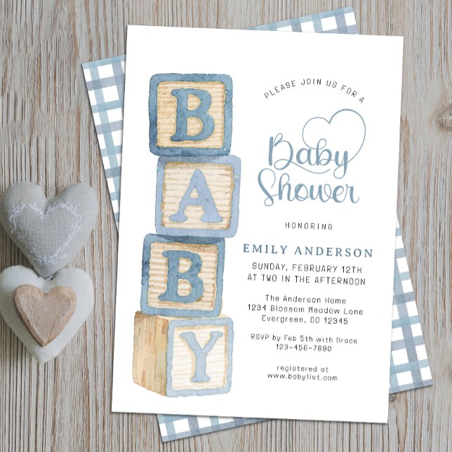 Invitation Blocs de Bébé Bleu Poussiéreux Fête de Naissance C (Baby Shower Invite)