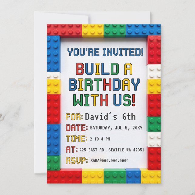 Invitation Blocs de construction Briques Blocs Anniversaire  (Devant)
