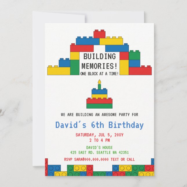 Invitation Blocs de construction Briques Blocs Anniversaire  (Devant)