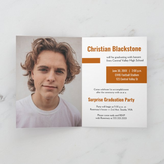 Invitation Blocs de Orange Brûlé Diplômé Trois Photos (Intérieur)