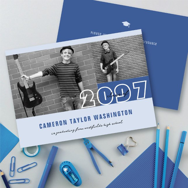 Invitation Blocs de photos Modern Blue 2 pour une fête de rem (Modern Blue 2 Photo Blocks Simple Graduation Announcement & Party Invitation @ fatfatin)