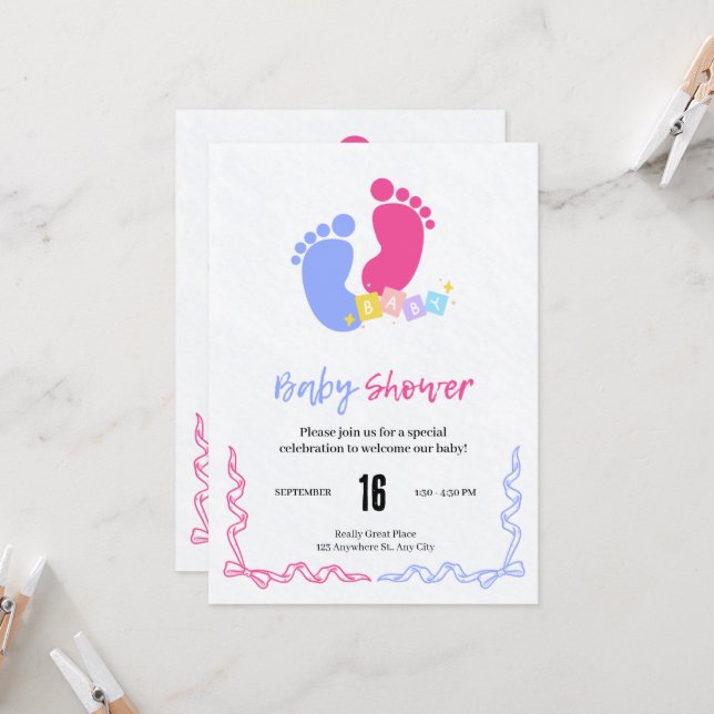 Invitation Blocs Empreintes de Bébé au Pastel Rose et Bleu (Devant/Arrière en situation)