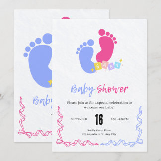 Invitation Blocs Empreintes de Bébé au Pastel Rose et Bleu 