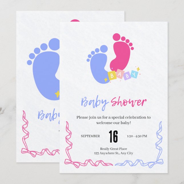 Invitation Blocs Empreintes de Bébé au Pastel Rose et Bleu  (Devant / Derrière)