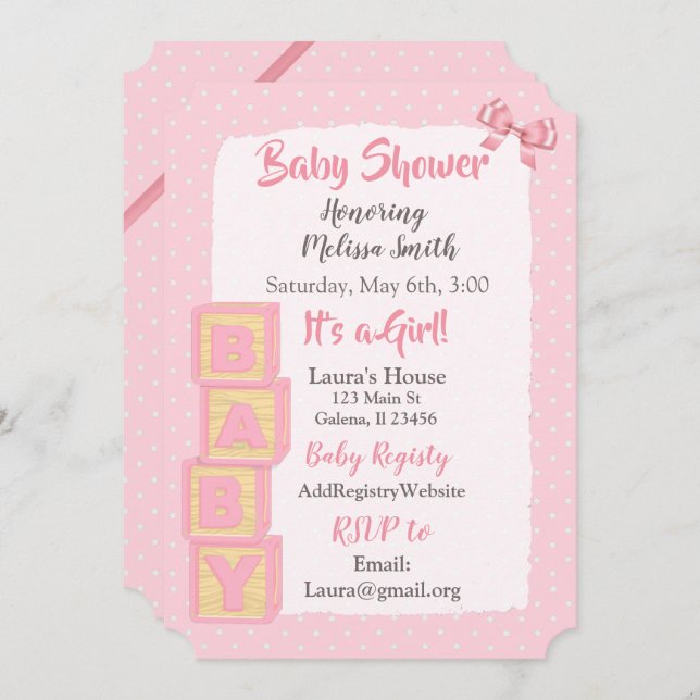 Invitation Blocs et vaches roses Baby Girl Baby shower (Devant / Derrière)