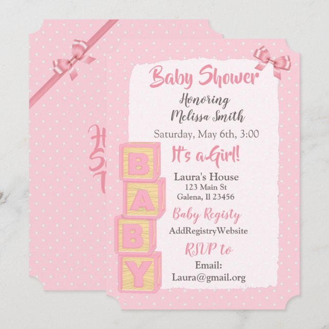 Invitation Blocs roses et rubans Baby Shower Fille (Devant / Derrière)