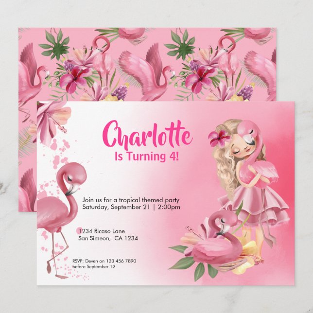 Invitation Blond Girl Flamant rose Tropical Rose Anniversaire (Devant / Derrière)