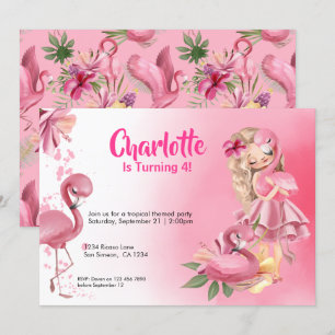 Invitation Blond Girl Flamant rose Tropical Rose Anniversaire