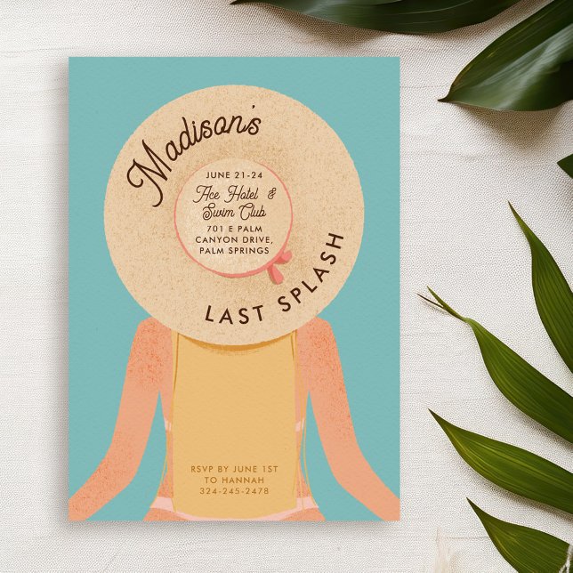 Invitation Blond Palm Springs Bachelorette Weekend Pool Party (blonde hair and light white skin girl wearing a beach hat - bachelorette pool party invitation)