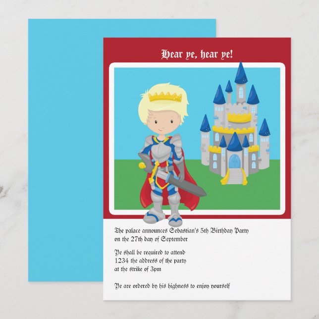 Invitation Blond Prince Et Château Anniversaire Fête Mignonne (Devant / Derrière)