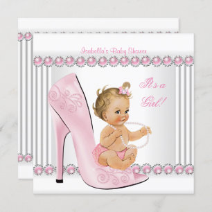 Invitation Blonde Baby shower fille rose perle haute talon ch