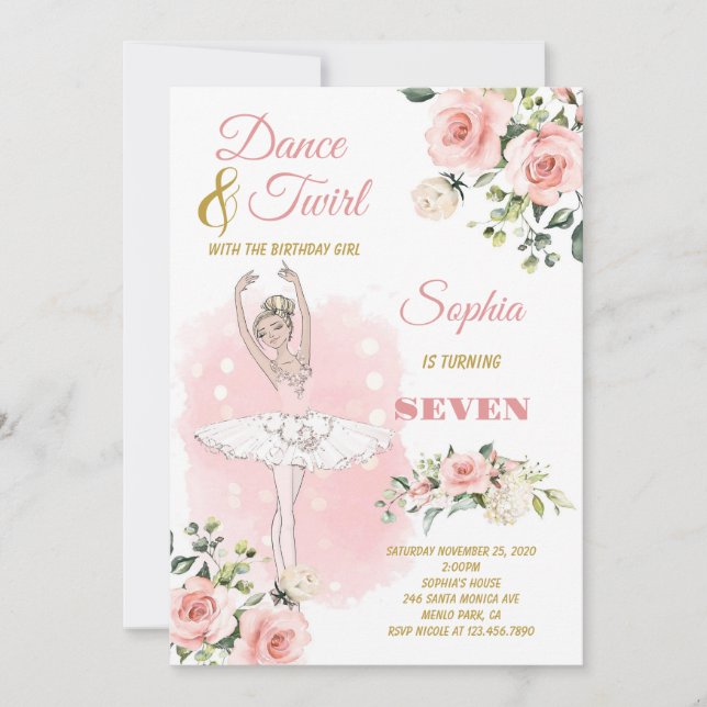 Invitation Blonde Ballerina en robe blanche Fleur Anniversair (Devant)