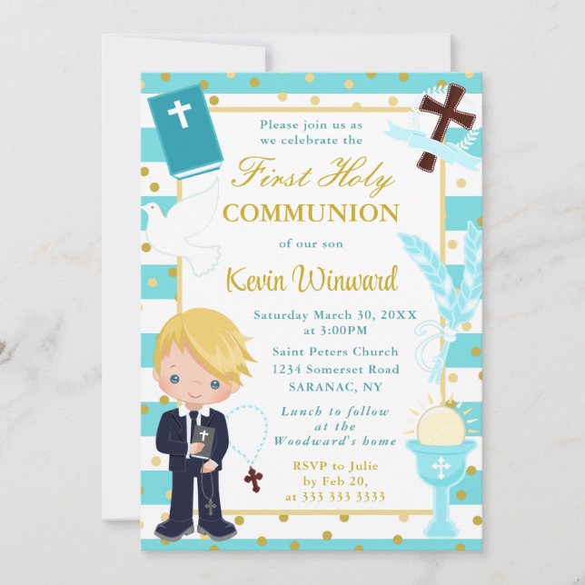 Invitation Blonde Bleue Blonde Haired Boy Première Communion  (Devant)