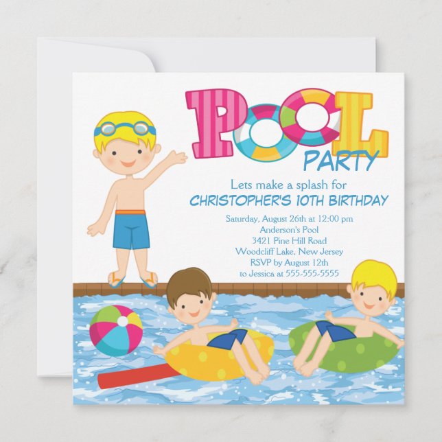 Invitation Blonde Boy Anniversaire de la fête de la piscine d (Devant)