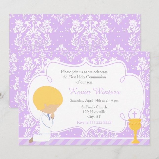 Invitation Blonde Boy Première Communion Damask (Devant / Derrière)