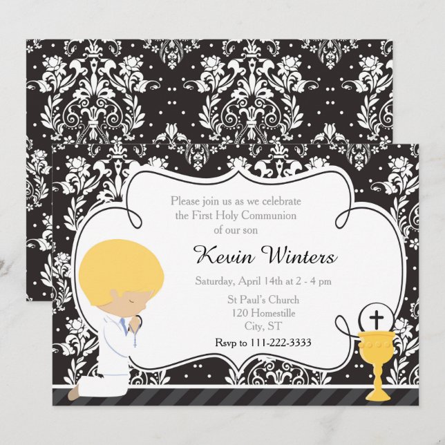 Invitation Blonde Boy Première Communion Damask (Devant / Derrière)