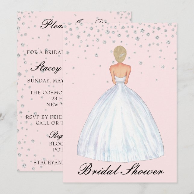 Invitation Blonde Bride Illustration Fête des mariées diamant (Devant / Derrière)