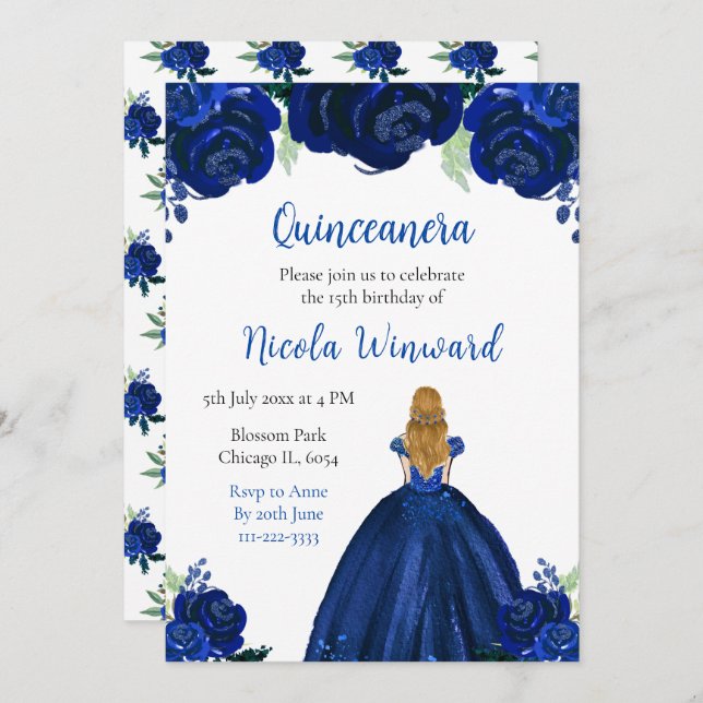 Invitation Blonde Cheveux Princess Marine Floral Quinceanera (Devant / Derrière)