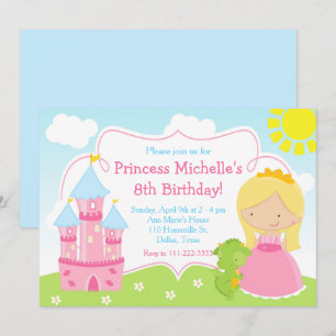 Invitation Blonde Cute Princess et Dragon Anniversaire