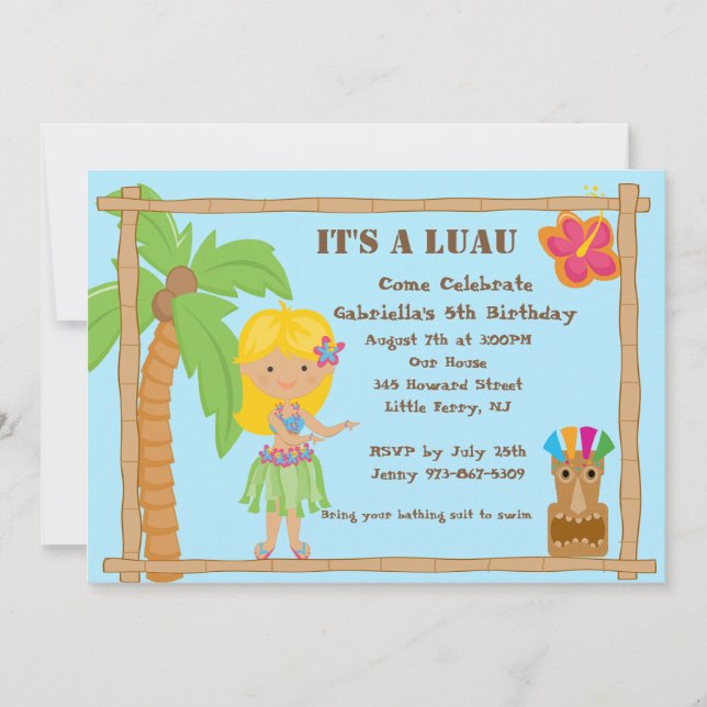 Invitation blonde d'anniversaire de Luau de fille (Devant)