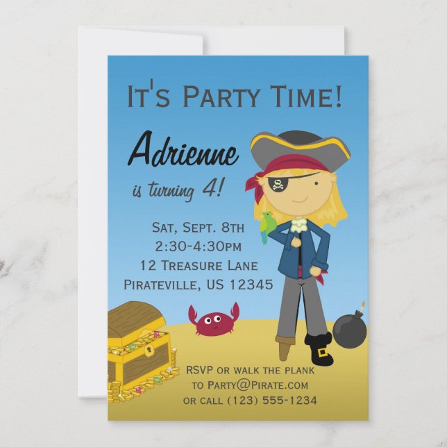 Invitation blonde de fête d'anniversaire de pirate (Devant)