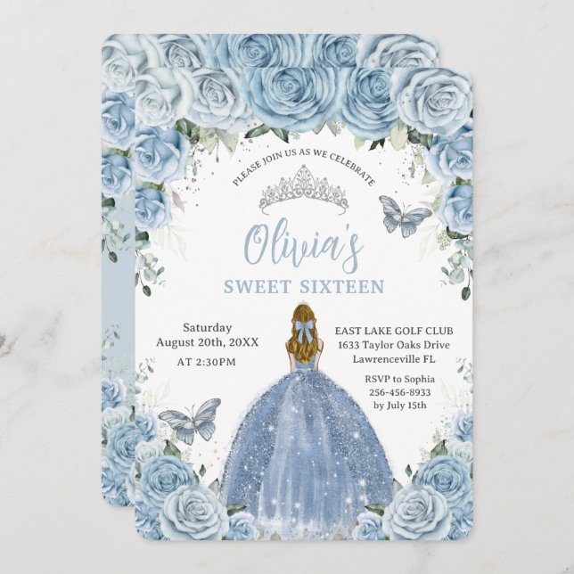 Invitation Blonde doux 16 Bleu Floral Papillons en argent (Devant / Derrière)