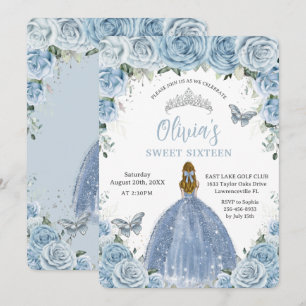 Invitation Blonde doux 16 Bleu Floral Papillons en argent