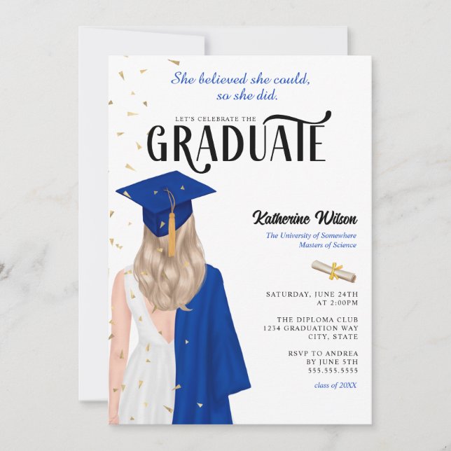 Invitation Blonde Femelle Bleu Elle Croyait Graduation (Devant)