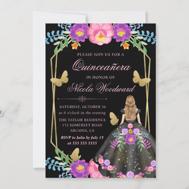 Invitation Blonde Femme Florale Mexicaine Robe Quinceañera (Devant)